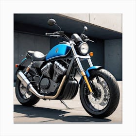 Blue Motorcycle Parked In Front Of A Building Canvas Print