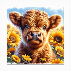 Baby Highland Cow sunflowers surrounding Canvas Print