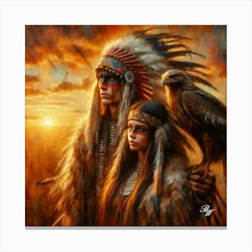 Oil Texture Native American Couple With Hawk Canvas Print