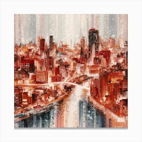 A stunning impressionistic abstract painting of Tokyo at night, using the pointillist technique to bring it to life. The cityscape is painted in soft pastel colors 1 Canvas Print