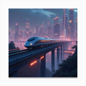 Streamlined Train Crossing A Futuristic Bridge In A Neon Lit Cityscape 1 Canvas Print