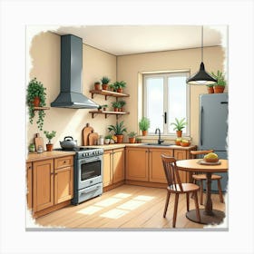 Cozy And Stylish Kitchen Scene In Watercolor, Warm Colors 1 Canvas Print