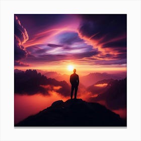 Man Standing On Top Of Mountain Canvas Print