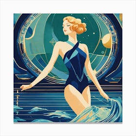 Art Deco Style Diving Woman In Navy Blue(3) Canvas Print