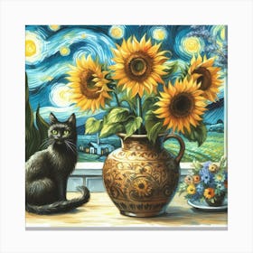 Starry Night watercolor pestel painting Vase With Three Sunflowers With A Black Cat, Van Gogh Inspired Art Print Canvas Print