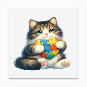 Autism Puzzle Piece Cat (Norwegian Forest) Canvas Print