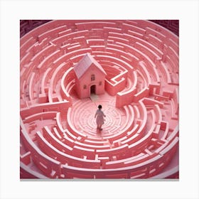 Girl In Pink Dress In Center Of Circular Pink Maze, House In Distance Canvas Print