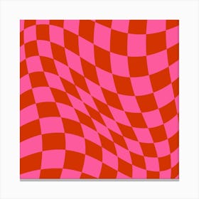 Warped Checker Pink Red Square Canvas Print