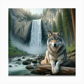 Wolf By The Waterfall Canvas Print