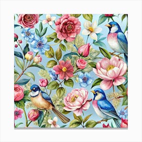 Seamless Pattern Of Watercolor Flowers And Birds Canvas Print