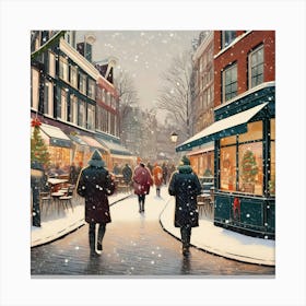 Amsterdam cafes, winter season, Christmas, pale colors, pedestrians in the street, winter clothes, falling snow.11 Canvas Print