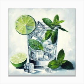 Cocktail Time: A Realistic and Detailed Painting of a Cocktail Glass with Ice Cubes, Mint Leaves, and a Slice of Lime Canvas Print