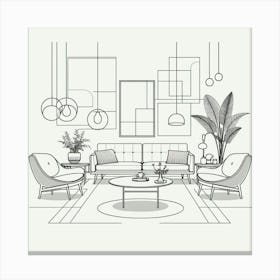 Minimalist Line Art Of Mid Century Furniture Pieces Arranged In A Stylish Living Room Setting, Style Line Drawing 3 Canvas Print