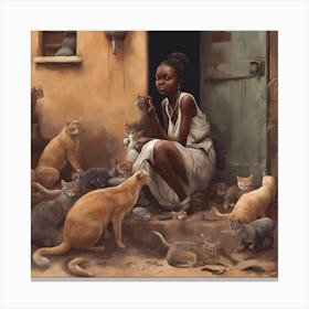 Wall painting of an African girl with cats 1 Canvas Print