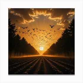 A Sky Alive with Movement: Thousands of Birds in Unison with the Golden Glow of the Sun Canvas Print