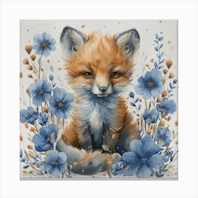 Lena1987 Cute Newborn Fox In Flowers Blue White Grey Colours Canvas Print