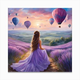 A Young Girl With Hot Air Balloons In Lavender Field Canvas Print