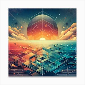 Abstract Painting Of Geometric Shapes, With Warm Sunset And Cool Blues, Wallart Canvas Print