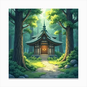 A Peaceful Shrine Nestled In The Forest, Softly Glowing In Watercolor Shades 1 Canvas Print