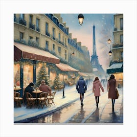 Paris cafes, winter season, Christmas, pale colors, pedestrians in the street, winter clothes, falling snow.6 2 Canvas Print