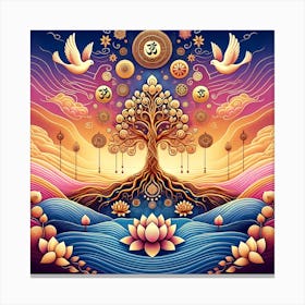 "Sanctity in Symmetry: The Bodhi Tree of Life" - This radiant artwork captures the essence of spiritual awakening and balance. The Bodhi tree, under which enlightenment was attained by the Buddha, is depicted with symmetrical grace, its leaves and branches adorned with sacred symbols from various traditions, creating a tapestry of universal spirituality. The serene waters and lotus flowers at the base symbolize purity and rebirth, while the ascending doves represent peace and the soul's ascension. The harmonious blend of warm sunset hues and cool twilight tones makes this piece a profound statement of unity and contemplation. Perfect for those seeking a centerpiece of tranquility and inspiration, this art is a sanctuary of visual harmony, inviting all who gaze upon it to a journey of inner peace and unity with the cosmos. Canvas Print