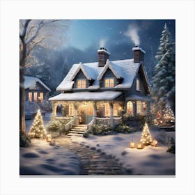 Christmas House At Night paintings art print 1 Canvas Print