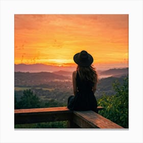 Woman In Black Hat Sitting Alone On A Wooden Balcony Overlooking A Hill Dotted Landscape Trees Al Canvas Print