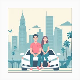 Couple Sitting On A Car Canvas Print