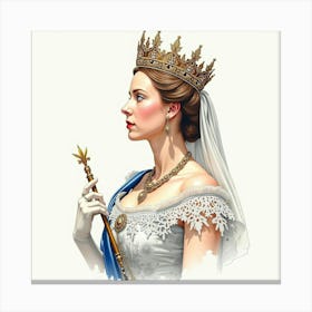 Watercolor Painting Of Queen Elizabeth I, Detailed Lace, Royal Scepter 1 Canvas Print