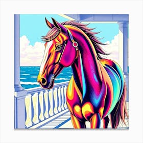 Colorful Horse On A Ocean Veranda Canvas Print