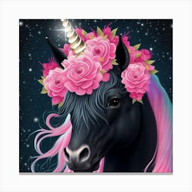 Black Unicorn With Pink Flowers Canvas Print
