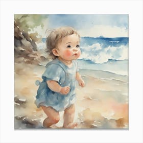 Watercolor Of A Baby On The Beach Canvas Print