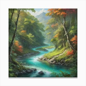 A stunning landscape painting featuring a crystal clear river winding through a lush forest, with vibrant colors and intricate details. 3 Canvas Print