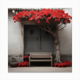 Red Tree In Front Of House Canvas Print