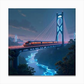 Sleek Train Crossing A Futuristic Suspension Bridge Over A Neon Lit River 1 Canvas Print