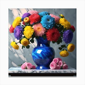 Chrysanthemums with Pink Roses on Marble Tabletop Canvas Print