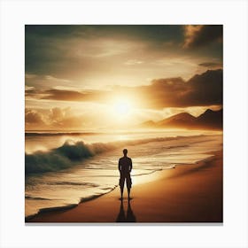 Man Standing On The Beach At Sunset Canvas Print