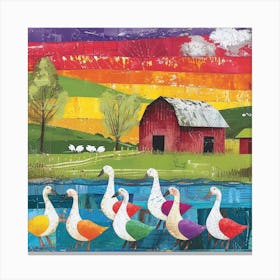 Kitsch Geese Collage Outside Barn 1 Canvas Print