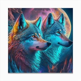 Two Wolves In Front Of The Moon 1 Canvas Print