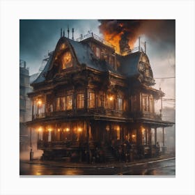 Steampunk House On Fire Canvas Print