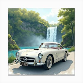 Elegant Car Near A Tranquil Waterfall, Watercolor Painting 1 Canvas Print