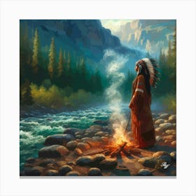 Oil Texture Native American Indian Maiden By Stream 4 Copy Canvas Print