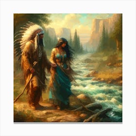 Oil Texture Native American Couple By Stream 10 Copy Canvas Print