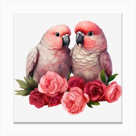 Couple Of Parrots With Roses 1 Canvas Print