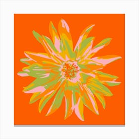DAHLIA BURSTS Single Abstract Blooming Floral Summer Bright Flower in Orange Yellow Blush Lime Green on Orange Canvas Print