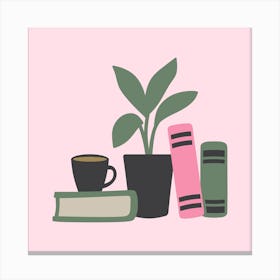 Books with coffee and plant Canvas Print