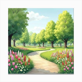 An English Park In Spring With Blooming Flowers And Green Trees, Watercolor Canvas Print