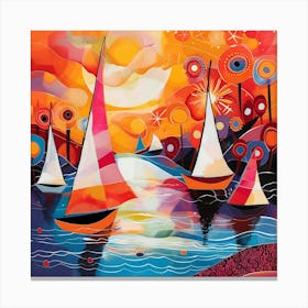 Sailboats At Sunset, Naïve Folk Canvas Print