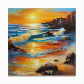 Artwork, oil colors, sea and sunset, seashore, beach rocks.San Francisco, USA.11 Canvas Print