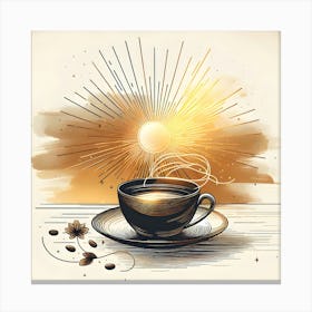 Coffee Cup With Coffee Beans And Sun Canvas Print